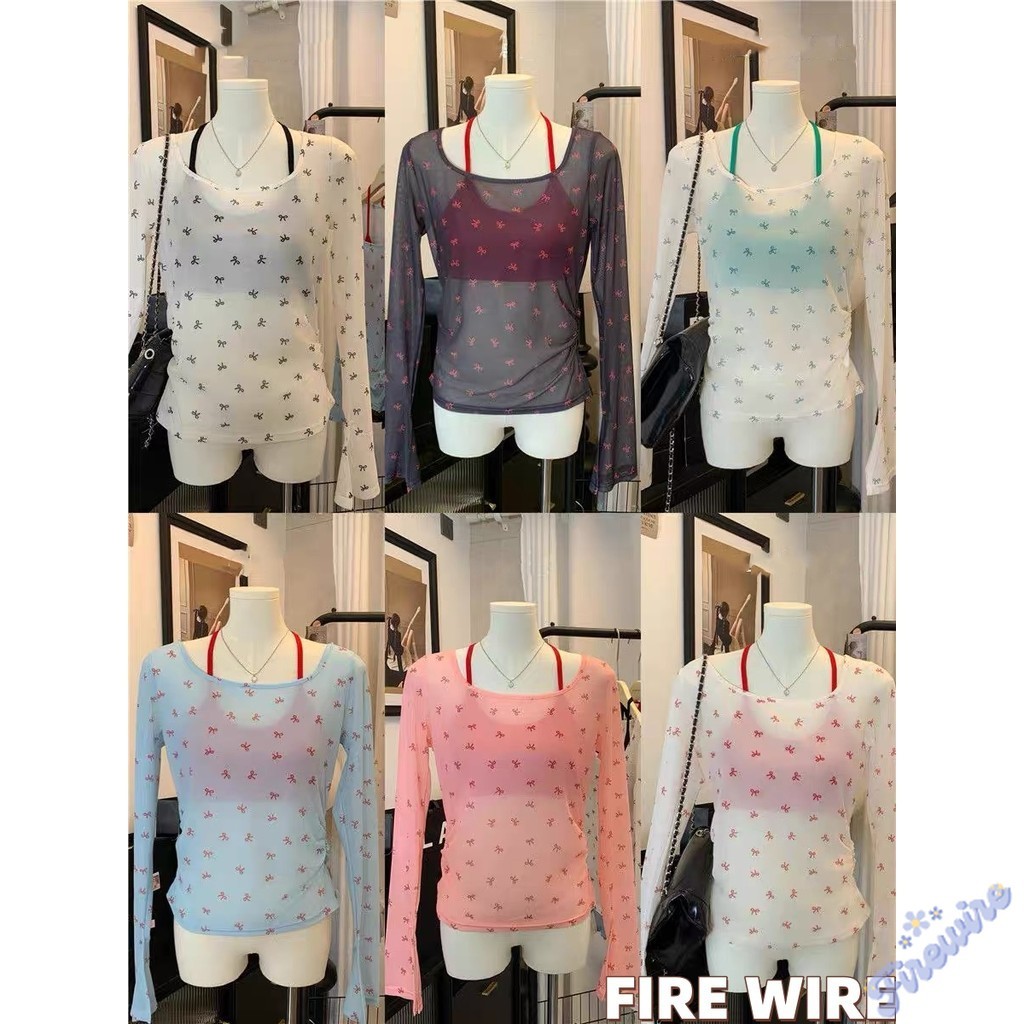 Firewire🔥พร้อมส่ง🔥สายเดี่ยวคล้องคอครอป/เสื้อแขนยาวลายโบว์🌟ดูผ่าน เสื้อยืด สไตล์เกาหลี(FY6876-L/FYQ7172)