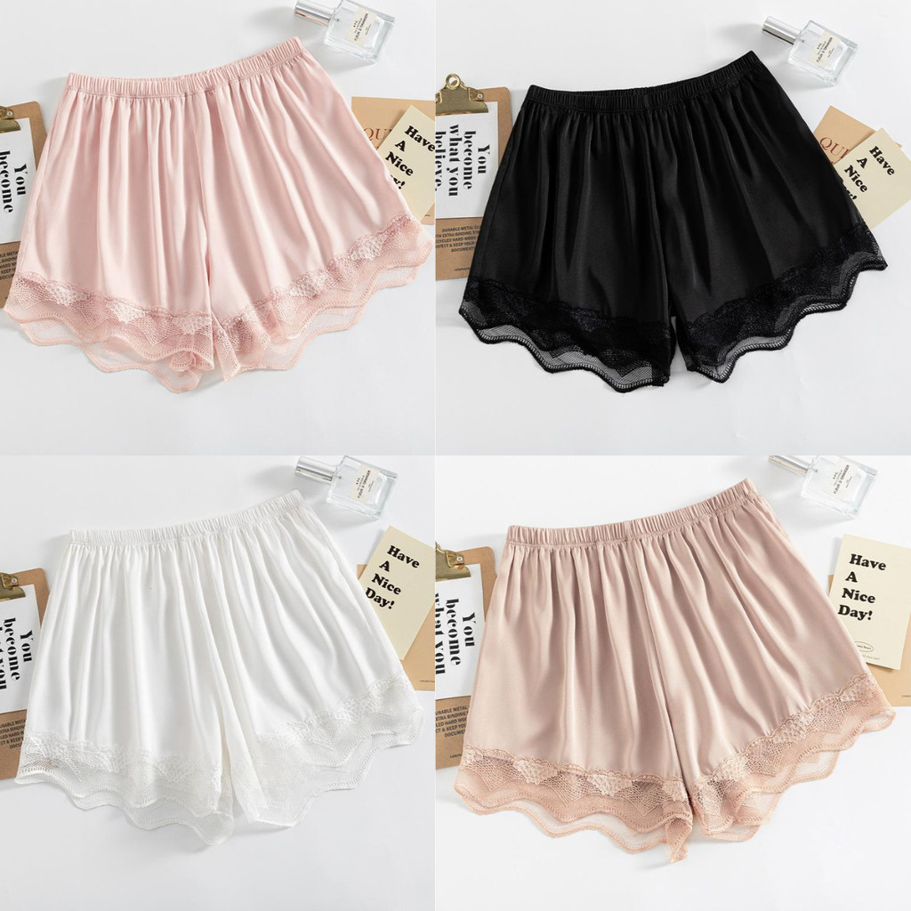 (เซ็ต 4 ชิ้น) กางเกงขาสั้นใส่นอน ดีไซน์แต่งลูกไม้ปลายขา ผ้าซาตินเนื้อนิ่ม ลื่น เบา ใส่แล้วไม่อึดอัด เคลื่อนไหวสะดวก