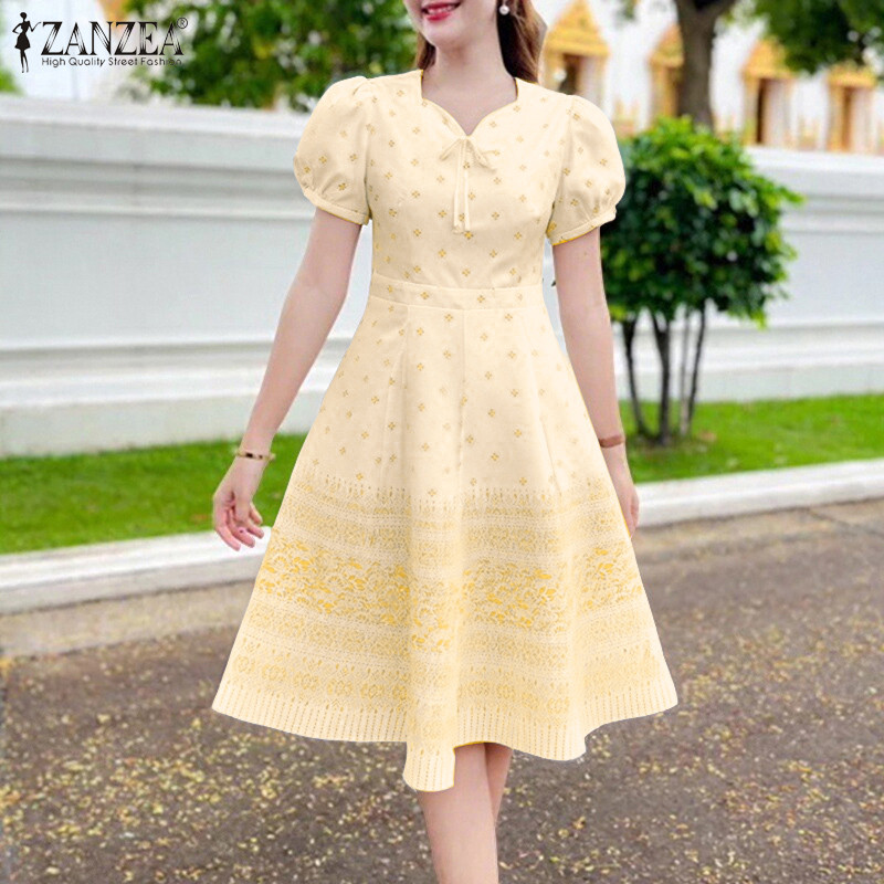 ZANZEA ใส่ ซานเซีย ผู้หญิงเกาหลีสง่างามหัวใจคอแขนสั้นพัฟแขนดอกไม้เอวซิปชุด - รูปที่ 3