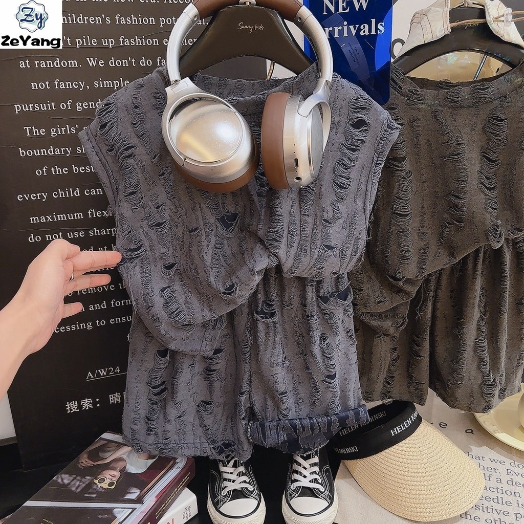 [ZY] 70-140พร้อมสต็อกเด็กเสื้อกั๊กสบายๆชุดย้อนยุคฉีกแขนกุดชุดเด็กระบายอากาศเสื้อกั๊กหลวมกางเกงขาสั้นแฟชั่นเสื้อผ้าเด็กจัดส่งที่รวดเ