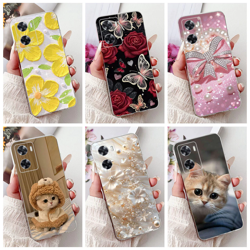 สําหรับ OPPO A57 4G 2022 A57e A57s A77 A77s CPH2387 กรณีดอกไม้แมวภาพวาดซิลิโคนอ่อนนุ่ม TPU เคสโทรศัพท์