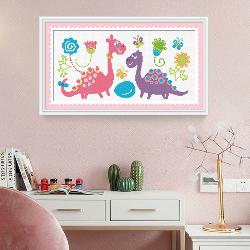 KS ไดโนเสาร์น้องสาว 14CT ไม่มีเย็บปักถักร้อยเต็มรูปแบบเรียบง่ายทันสมัย cross stitch งานศิลปะตกแต่งผน