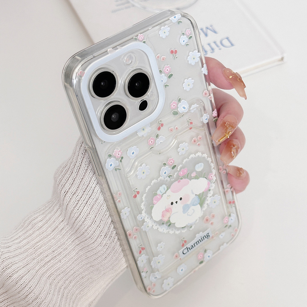 โปร่งใสและดอกไม้สดและลูกสุนัขกรณีการ์ดทําจาก TPU สําหรับ apple iphone 11 12 13 14 15 16 pro max plus x xr xs max 7 8 plus se2020 - รูปที่ 5