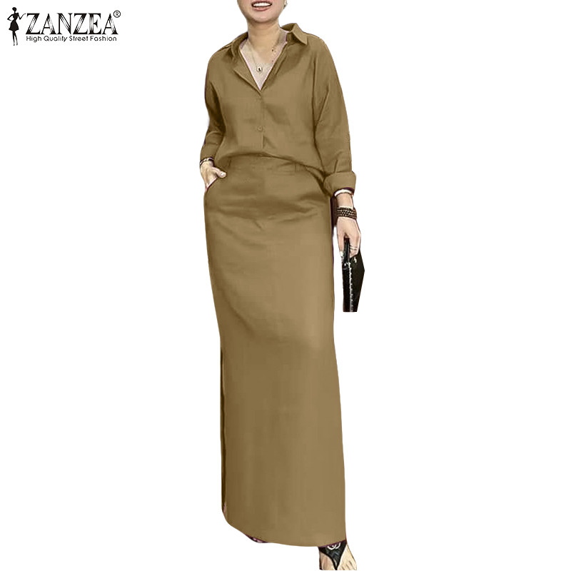 ZANZEA ซานเซีย เสื้อกระดุมแขนยาวเกาหลีและกระโปรงเอวสูง ชุดสองชิ้นสำหรับผู้หญิง