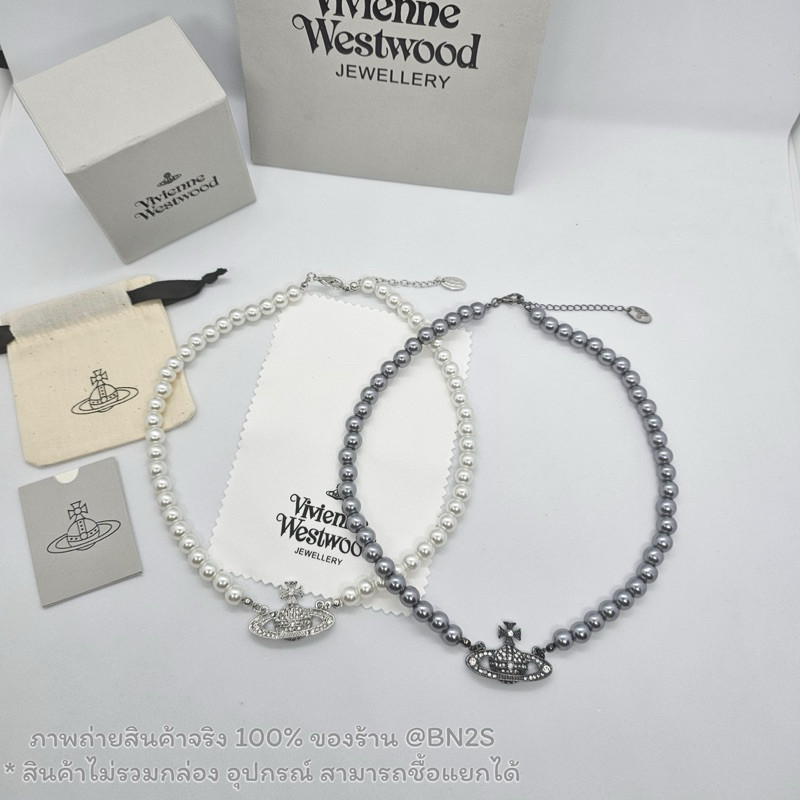 สร้อยคอไข่มุก วิเวียน CIVIENNE WESTWOOD MINI BAS RELIEF PEARL CHOKER สร้อยคอ จี้ฝังเพชรดาวเสาร์ อะไหล่เงิน - ทอง ปรับสาย