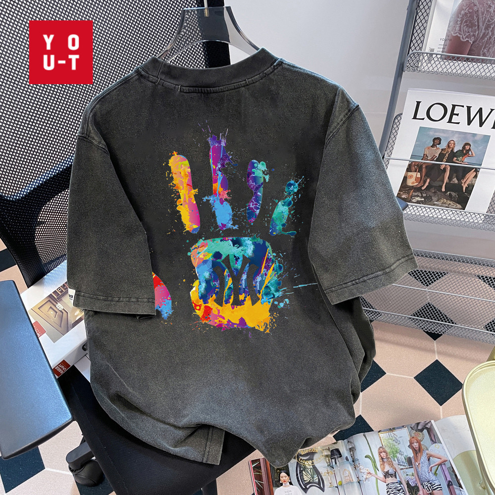 Y-T👓เสื้อยืดไซส์ใหญ่ ผ้าฝ้าย100% เสื้อยืดคอกลม ลายพิมพ์ "Colored palms IYI" อเมริกันย้อนยุค สวมใส่สบาย ยูนิเซ็กส์ ⚡