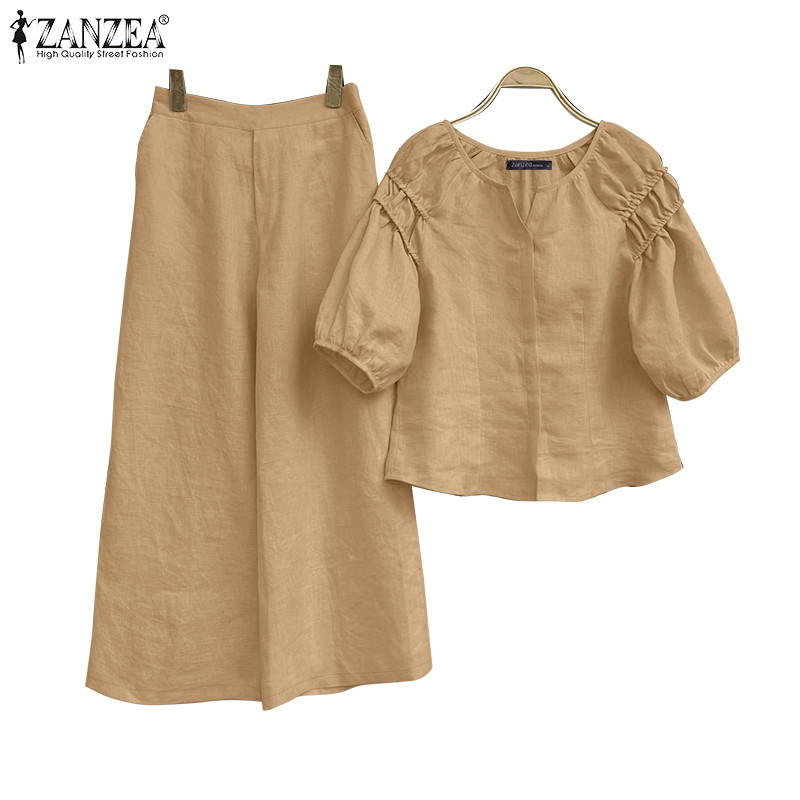 ZANZEA ซานเซีย ชุดสองชิ้นสำหรับผู้หญิง สไตล์เกาหลี พร้อมกระโปรงและเสื้อครึ่งแขน พัฟแขนจีบ เอยายืด และกางเกงขากว้าง