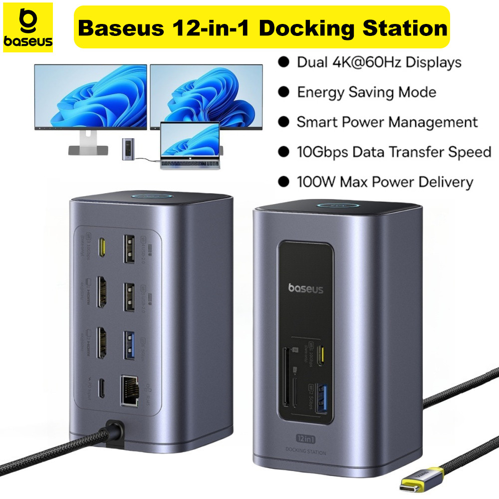 Baseus Hub 12-in-1 USB C 3.2 ถึง HDMI 4K @ 60Hz Dual Display อะแดปเตอร์ USB พร้อม RJ45 SD TF PD 100W Docking Station สําหรับ Window Mac Hub