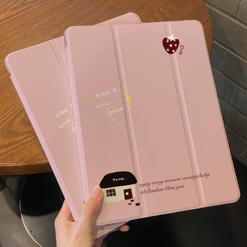 สําหรับกรณี iPad TPU กันกระแทกพร้อมดินสอสล็อต Simple Strawberry House Air 6 5 4 10.9 Gen10 Gen9 Gen8