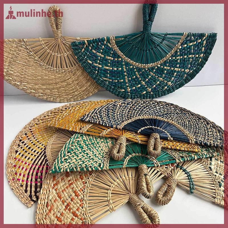 มูลินเฮ ทอมือฟางพัดลมตกแต่งแฮนด์เมดครึ่งวงกลมทอพัดลมฤดูร้อนพัดลมระบายความร้อนพัดลมมือถือของขวัญตกแต่งบ้าน ไทย