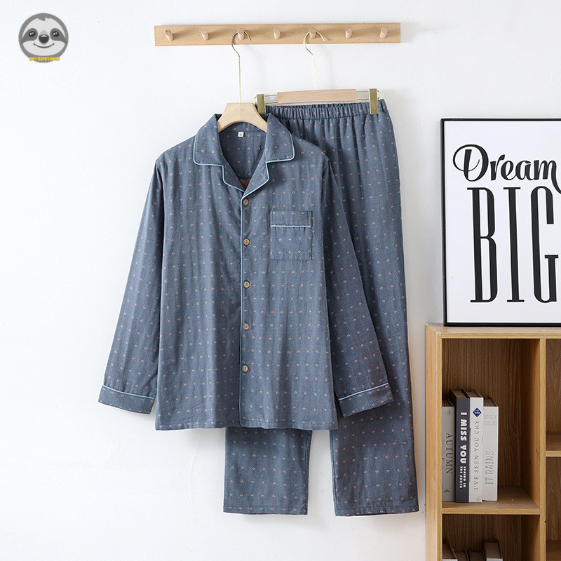สไตล์ญี่ปุ่น Muji/ผู้ชายผ้าฝ้ายแท้ผ้ากอซสองชั้น Polka Dot Loungewear/ผ้าฝ้ายแขนยาวสบายๆกางเกง