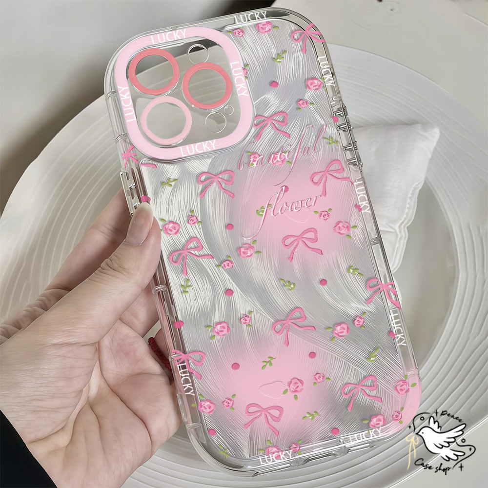 COD-ในไทย เคสคู่รัก โบว์สีชมพู สําหรับ iPhone 7 8 X 11 12 13 14 15 16 Pro 16 Plus XR XS Max ถุงลมนิรภัยขอบกลม กันกระแทก