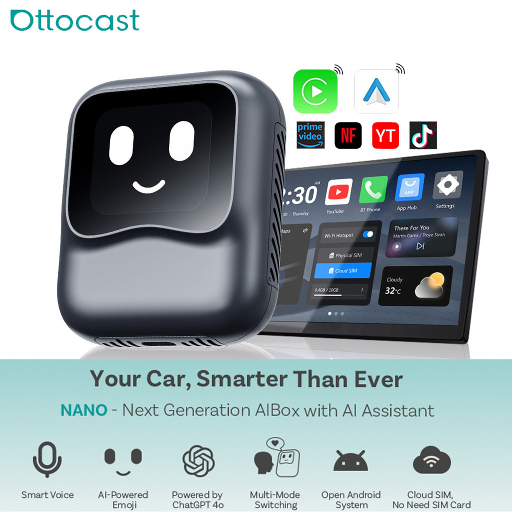 OTTOCAST Nano AI กล่อง Wirelss Carplay Android Auto AdaPter Android 13 QCM6225 8+128GB กล่องวิดีโอคว