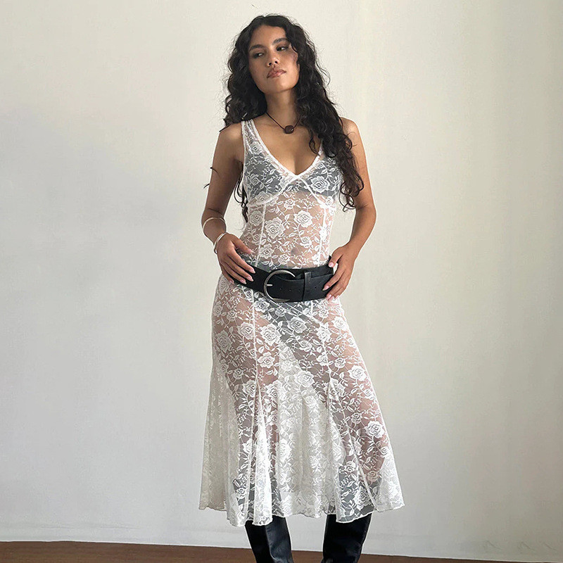 FDL0671 ผู้หญิงเซ็กซี่ V คอปกลูกไม้โปร่งใส Patchwork ชุดเดรสยาว