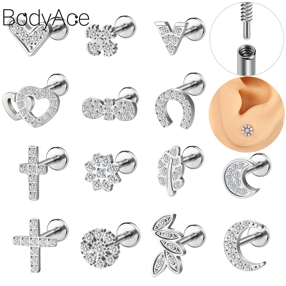 Bodyace เจาะหูคริสตัล 1 Pc 16G ต่างหูสตั๊ด Lobe Stainless Steel สำหรับ Helix