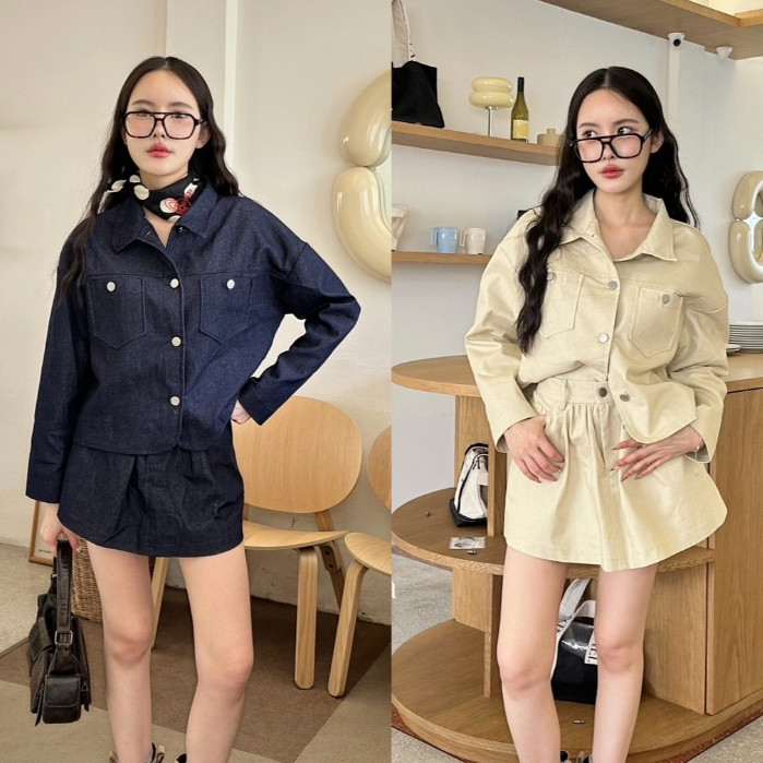 B2. MALISTA  D385 DENIM SET เสื้อ+กระโปรง ผ้ายีนส์ผสมคอตตอน ผ้าน่ารักมาก โทนสีที่ถูกต้อง