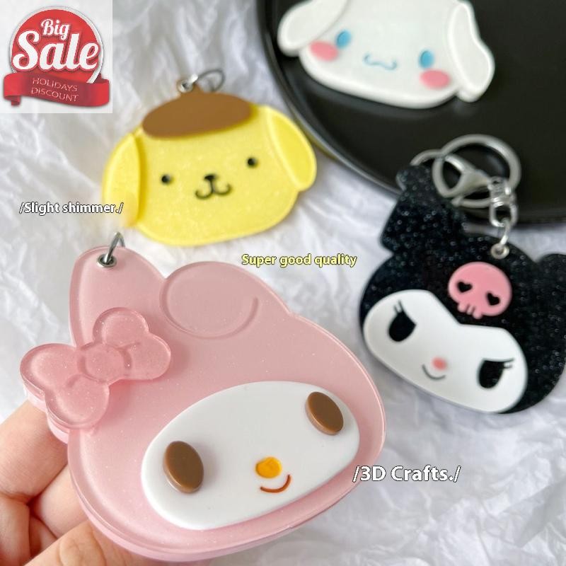 AF การ์ตูน Sanrio ฝาครอบเลื่อนกระจกแต่งหน้าน่ารัก Kuromi Hello Kitty กระจกขนาดเล็กแบบพกพาพวงกุญแจกระจกมองจี้แก้ว A