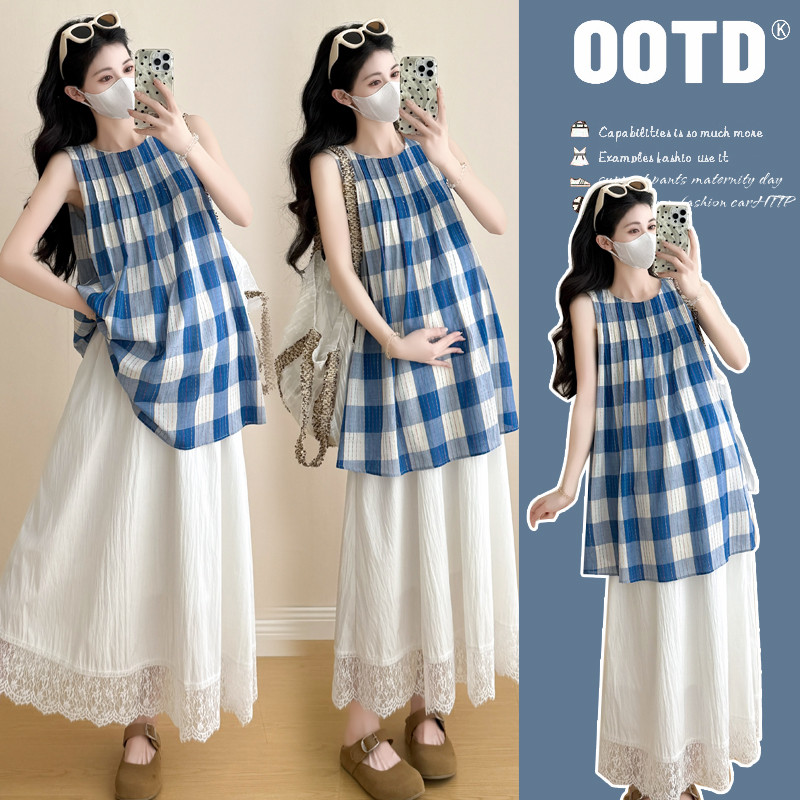 ชุดคลุมท้องฤดูร้อนลายสก๊อตเวอร์ชั่นเกาหลีแฟชั่นหลวม ก-เส้น กระโปรงชุดสองชิ้น