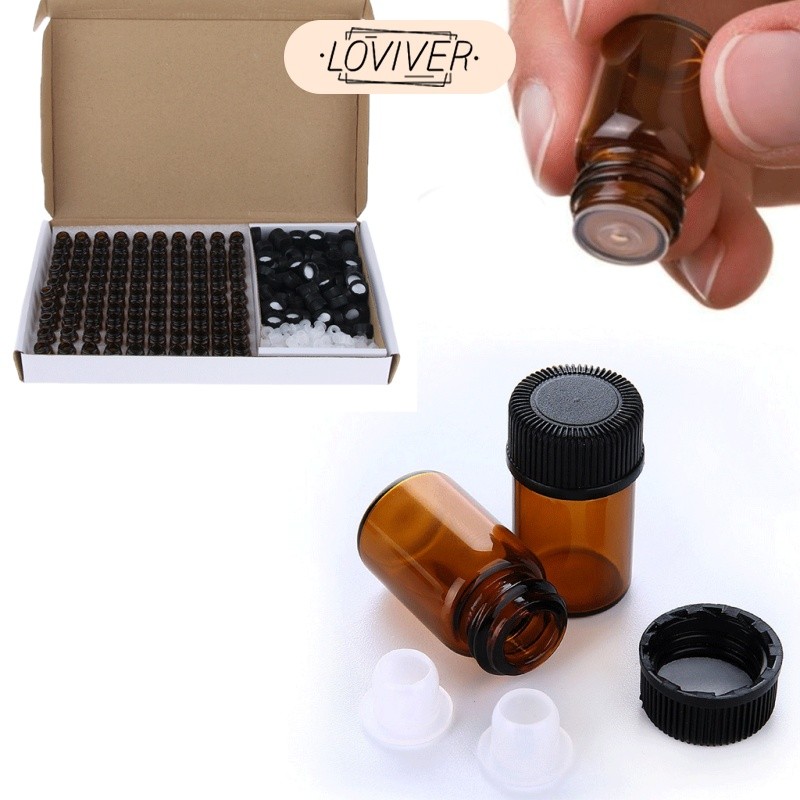 LOVIVER 100 ชิ้น Amber Glass ขวดน้ํามันหอมระเหยพร้อม Orifice Reducer หมวกสีดํา 1ml