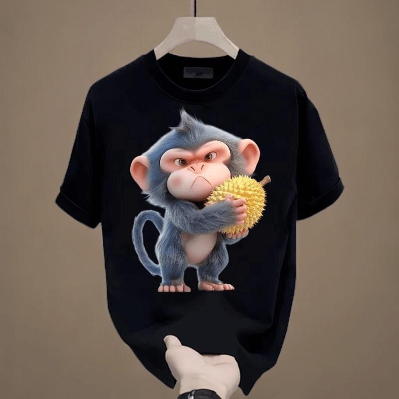 Cotton printed T-shirt, durian carrying monkey design, versatile round neck, loose, new arrival for summer, short sleeve