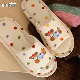 XIXITIAO รองเท้าแตะผ้าลินินญี่ปุ่น Polka Dot Four Seasons Universal Home ผ้าฝ้ายลินินรองเท้าชั้นผู้หญิง