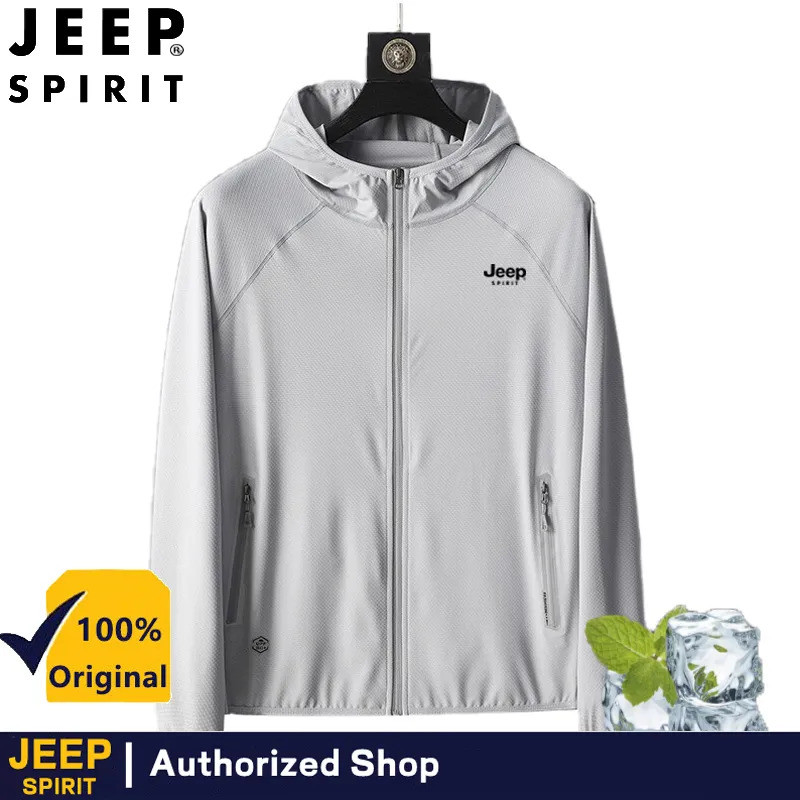 JEEP SPIRIT เสื้อผ้าป้องกันแสงแดดผู้ชาย แจ็คเก็ตบาง บังแดด ป้องกัน UV Hoodie เสื้อผ้าตกปลา Travel แจ็คเก็ตกลางแจ้ง