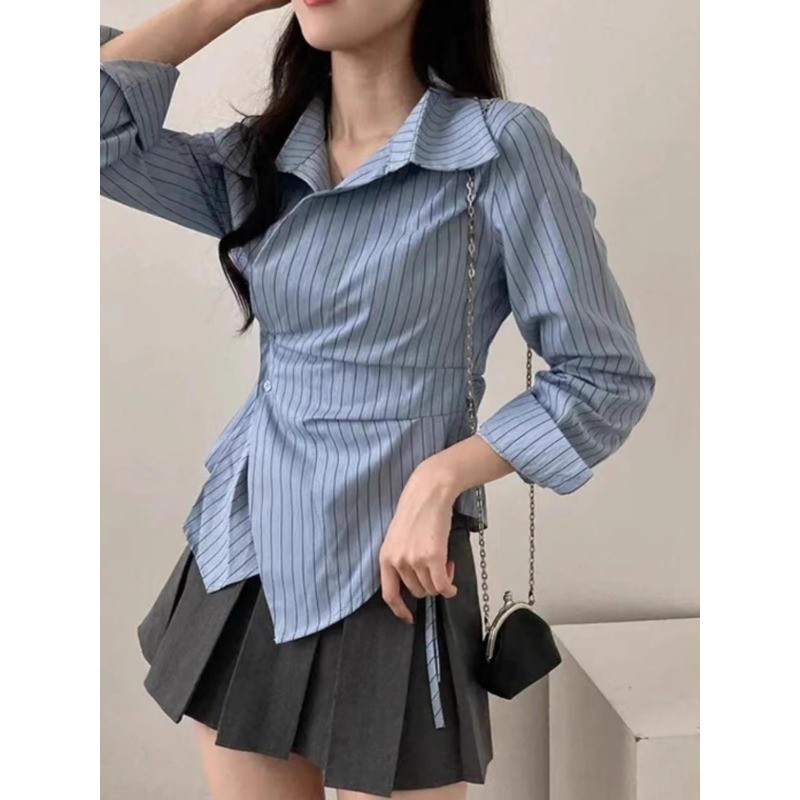 shayne-เสื้อสุภาพสตรี แถบสีน้ำเงิน แขนยาว ปก ประเภทรุ่น Slim Fit ผิดปกติ อารมณ์ สุภาพสตรี แฟชั่นสบาย ๆ
