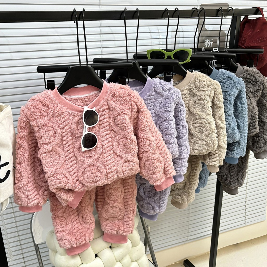 80-160 ซม เด็ก Flannel ชุดนอนชุดฤดูใบไม้ร่วงฤดูหนาวชายหญิงขนแกะ-ขนแกะ Warm Homewear ชุดสองชิ้น HALOLO ✨Planet 217✨
