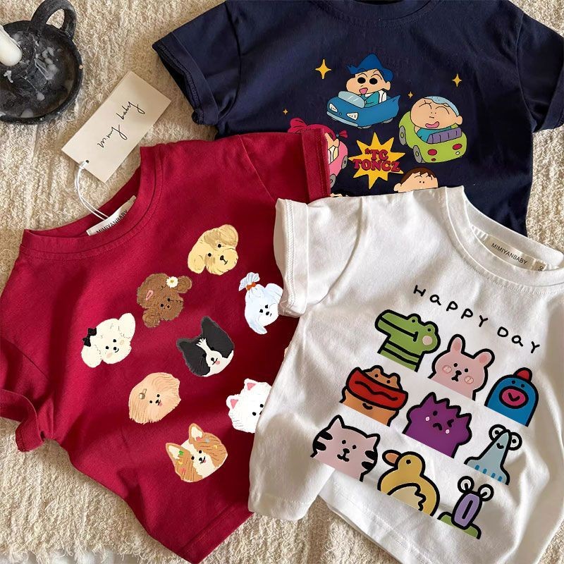 ฤดูร้อน เสื้อยืดแขนสั้นผ้าฝ้ายใหม่สำหรับเด็ก เสื้อหลวมพิมพ์การ์ตูนครึ่งแขนสำหรับเด็กชายและเด็กหญิง น่ารัก