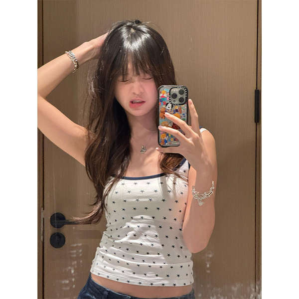 jarin_official cintage เสื้อกล้ามสายเดี่ยวลายดาวแนววินเทจสไตล์อเมริกันสำหรับผู้หญิงเสื้อตัวสั้นใส่ด้