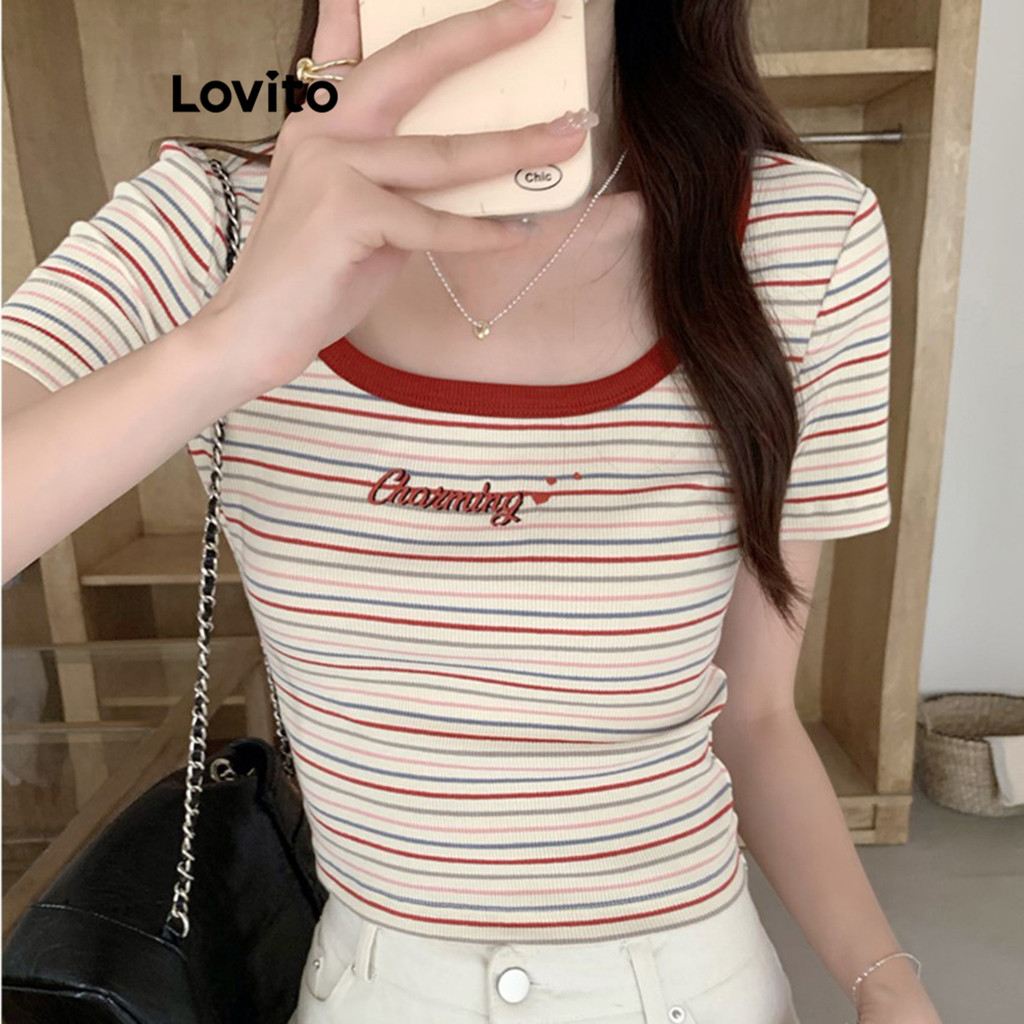 (Trendy) Lovito เสื้อยืดลําลองลายคมชัดผูกพันเสื้อยืดสําหรับผู้หญิง LNE60405 (หลากสี)
