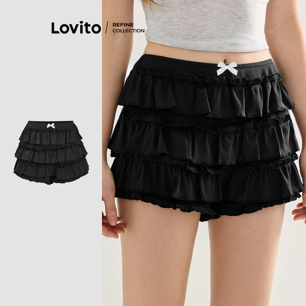 (Lovito Refine) กางเกงขาสั้น กางเกงขาสั้นโบว์เรียบน่ารักสําหรับผู้หญิง L119AD011