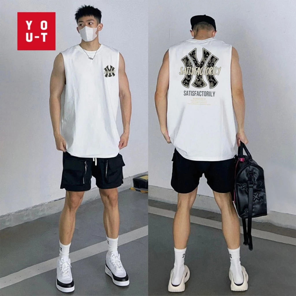 Y-T【ขายดี】⚡เสื้อกั๊กผู้ชาย คอกลม เสื้อแขนกุด ไม่หดตัว สวมใส่สบาย ผ้าฝ้ายแท้ ประทับตรา "SATIS FACTORIL"