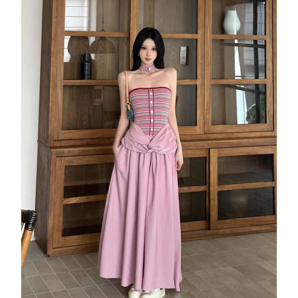 ชุดเดรสแขนกุดลายทางสไตล์ Pure Desire สำหรับผู้หญิง ชุดยาวใหม่ไม่ซ้ำใคร เก๋ไก๋และสวยงาม จัดส่งฟรีในสต็อก