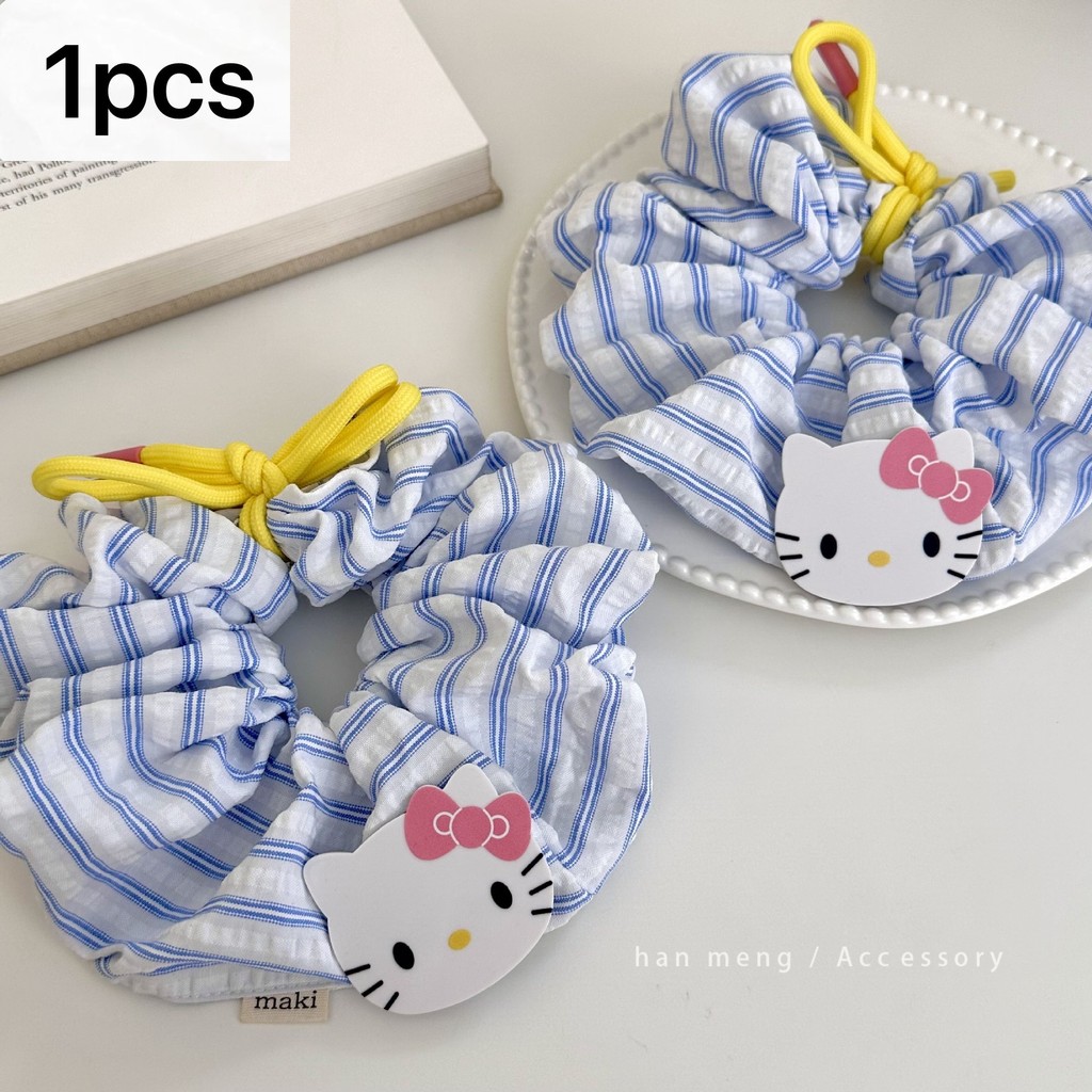 KT Cat Bowknot Blue Striped Scrunchy Hair Tie น่ารัก All-Match ที่คาดผมขนาดใหญ่