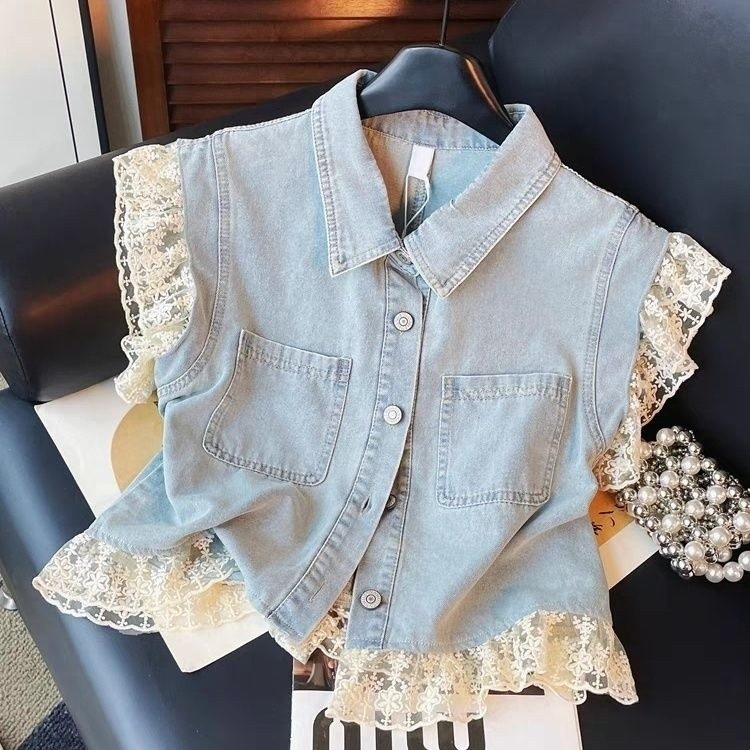 Yueyejia YY โปรโมชั่น 06 ฤดูร้อนสไตล์ใหม่ลูกไม้เย็บลำลองปัก Denim 2025 เสื้อคาร์ดิแกนแขนสั้น