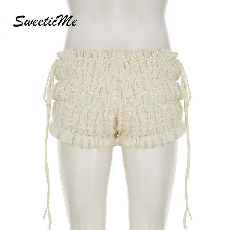 SweeticMe ผู้หญิง 2025 ใหม่แฟชั่น Crinkle กางเกงขาสั้นผูกเชือกเอวยางยืด - รูปที่ 6