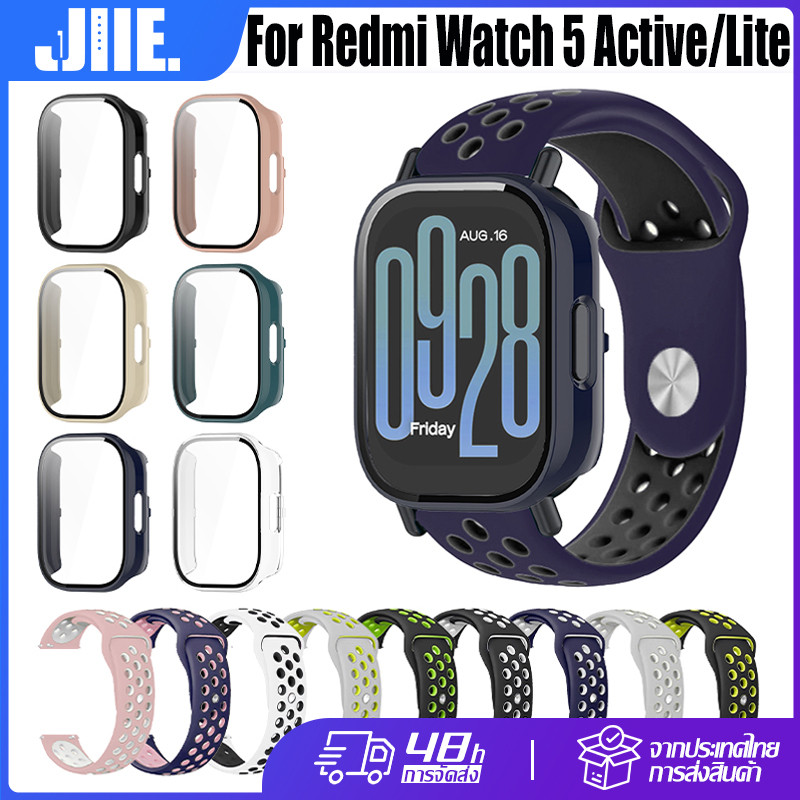 【สาย+เคส】สําหรับ Redmi Watch5 Active/Lite เคสกระจกนิรภัย+สายซิลิโคน สายนาฬิการะบายอากาศที่มีรูพรุน กรณีป้องกันรอยขีดข่วน