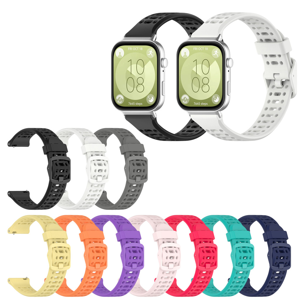 สายซิลิโคนสําหรับ Huawei Watch Fit 2 3 4 5/Fit ใหม่/ SE/ รุ่นพิเศษ / Fit2 /Fit3 Fit4 Fit5 Pro รุ่นพิเศษ Soft สมาร์ทวอท์ช Breathable มีรูพรุนสี Candy