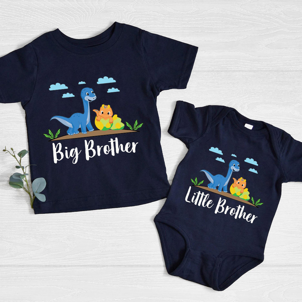 Big Little Brother ผ้าฝ้ายเสื้อยืดเด็ก Romper การ์ตูนไดโนเสาร์จับคู่ Brother ชุดไดโนเสาร์ Boy Tees