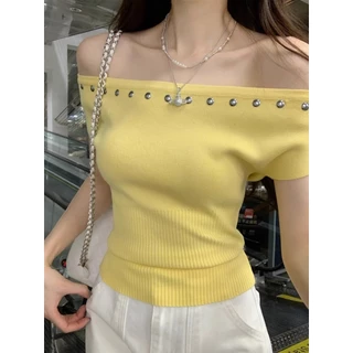 GAKKI เสื้อยืดเปิดไหล่แขนสั้นถักผู้หญิง เสื้อสเวตเตอร์เปิดไหล่ทรงสลิมฟิตผู้หญิง รุ่นใหม่ ฟรีไซส์ รุ่น 95199#