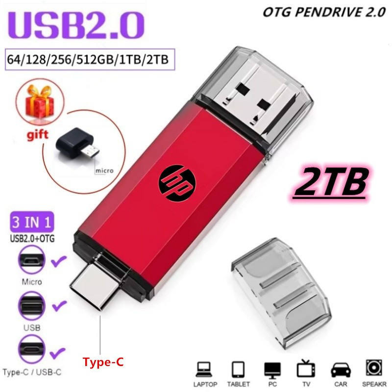HP 2TB HP Type-C ไดรฟ์ USB 3-in-1 OTG ไดรฟ์ USB ความเร็วสูง Android Micro 1TB 512GB 256GB 128GB 64GB ไม่มีหน่วยความจํา stick Micro อะแดปเตอร์ Mini USB