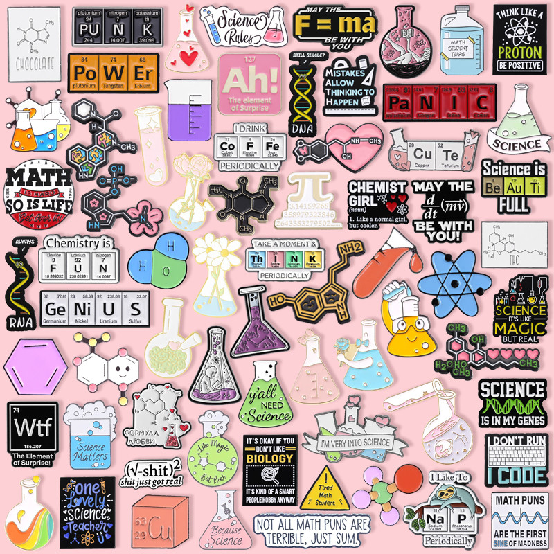 70รูปแบบของวิทยาศาสตร์เคมีเคลือบเข็มกลัดส่วนบุคคลบีกเกอร์ข้อความเซลล์ขาโลหะกระเป๋าเป้สะพายหลังอุปกรณ์เสริมของขวัญสําหรับเพื่อน