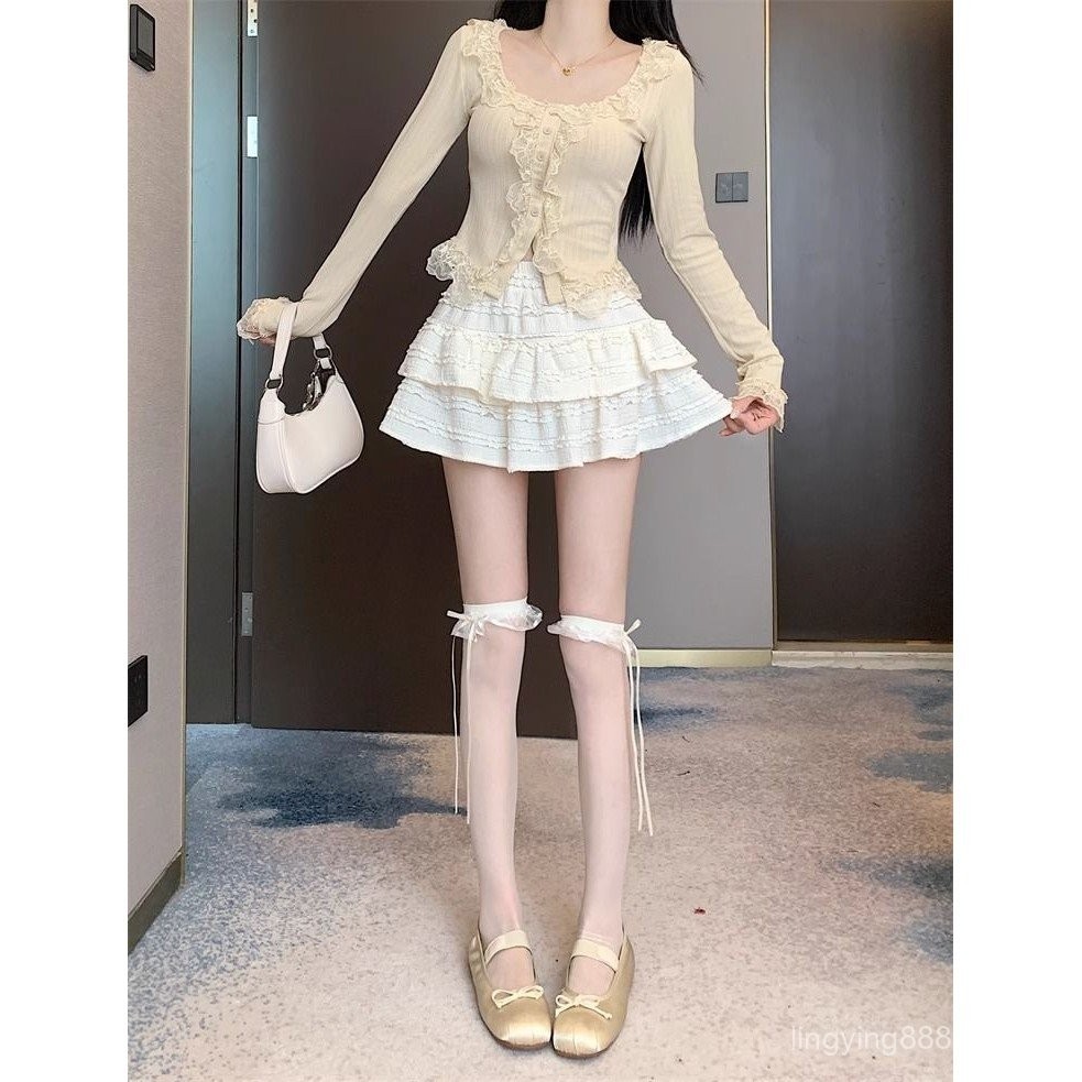 กระโปรงสั้นสไตล์บัลเล่ต์สีขาว XORI สำหรับผู้หญิง ฤดูร้อนใหม่ กระโปรงเค้กสาวฮอต เอวสูง กระชับสัดส่วน 