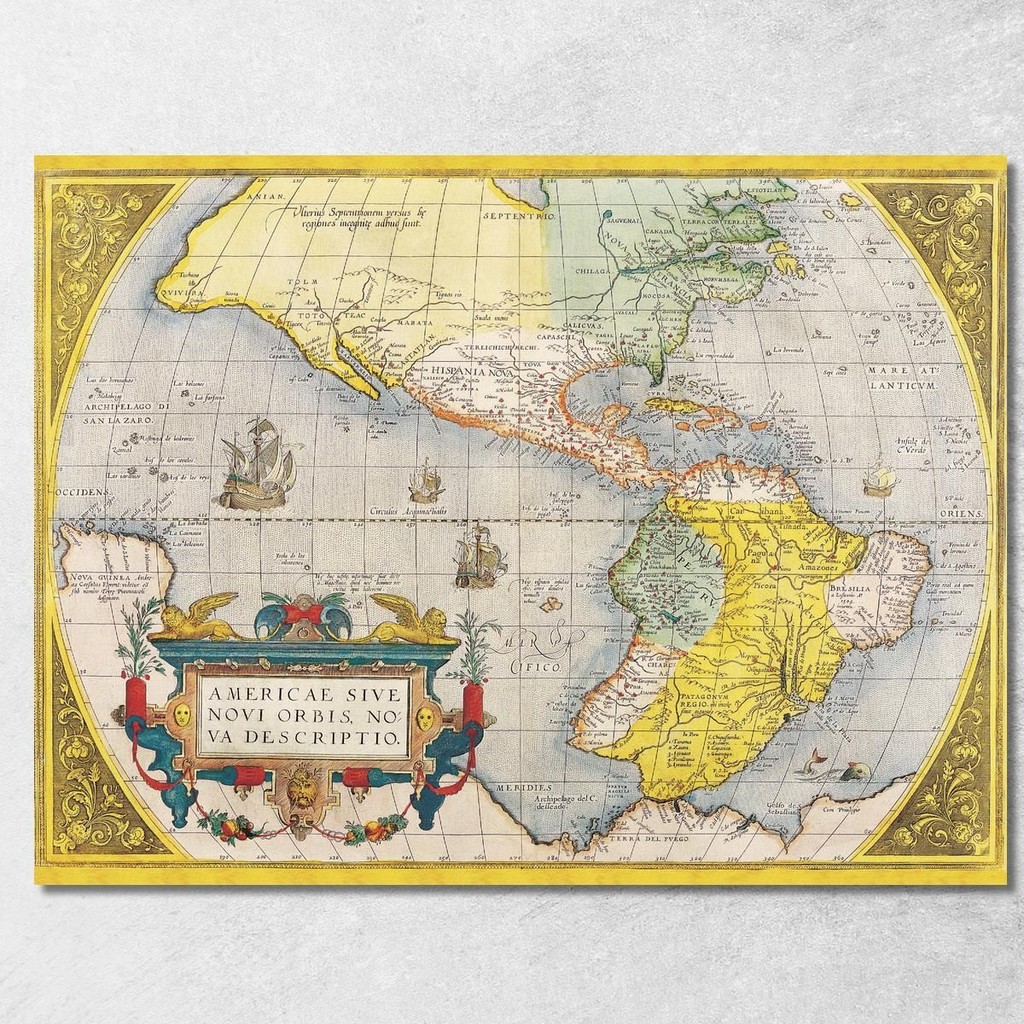 Painting Ancient Map Of The Americas With Historical Representation And Artistic Elements , map9 ภาพ