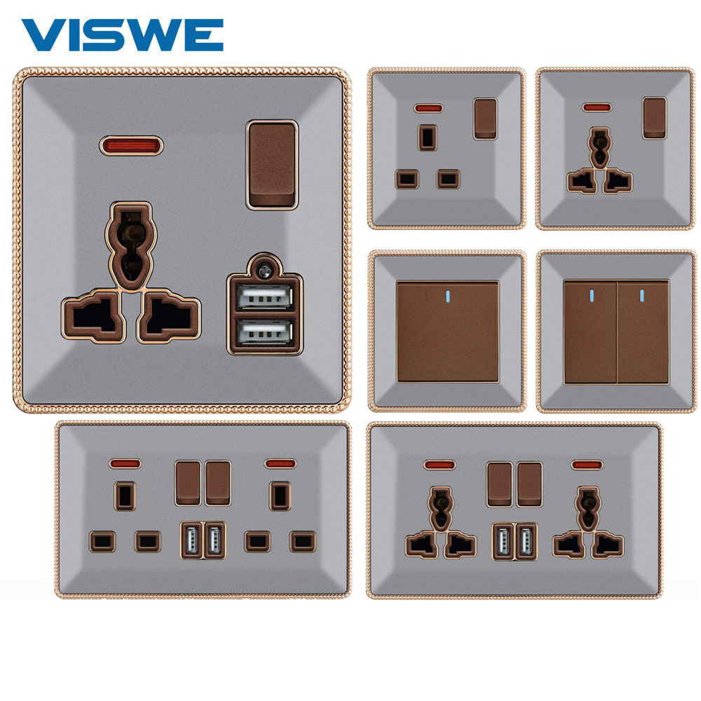 VISWE ซ็อกเก็ตสากลคู่ผนังและสวิตช์ไฟ สีเทา วัสดุอะคริลิค ซีรีย์ S12