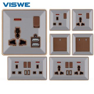 VISWE ซ็อกเก็ตสากลคู่ผนังและสวิตช์ไฟ สีเทา วัสดุอะคริลิค ซีร…