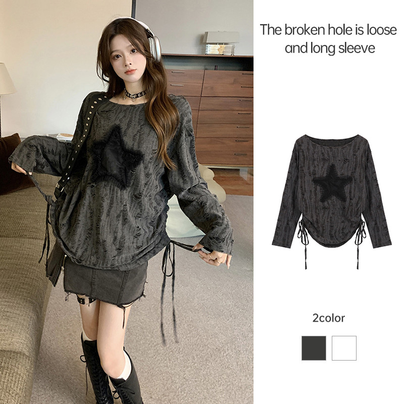 เสื้อยืดแขนยาว Drawstring หลวมสาวร้อนเสื้อยืดปิดไหล่ Hollow-out อินเทรนด์ยอดนิยม-MTY