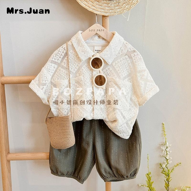 ชุดเด็กผู้ชายสไตล์เกาหลี เสื้อเชิ้ตลูกไม้แขนสั้น+กางเกง ระบายอากาศ ใส่สบายหน้าร้อน