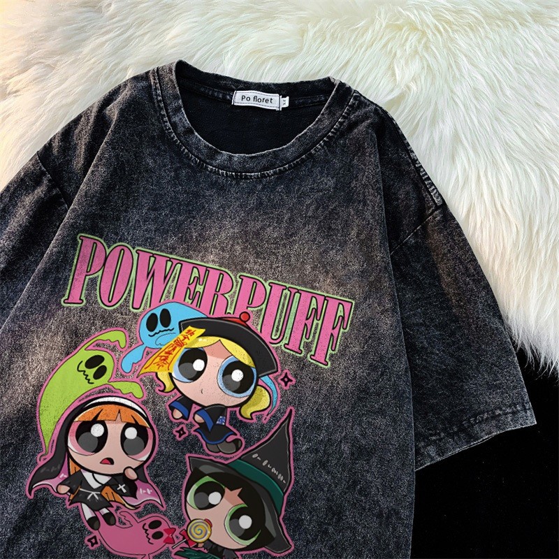 เกาหลี ดาว Oversize เสื้อยืดผ้าฟอก SXT1426 ผู้ชาย ผู้หญิง แฟชั่น วินเทจ ลายทาง ตัวอักษร การ์ตูน ลายสกรีน ฤดูร้อน M-3XL